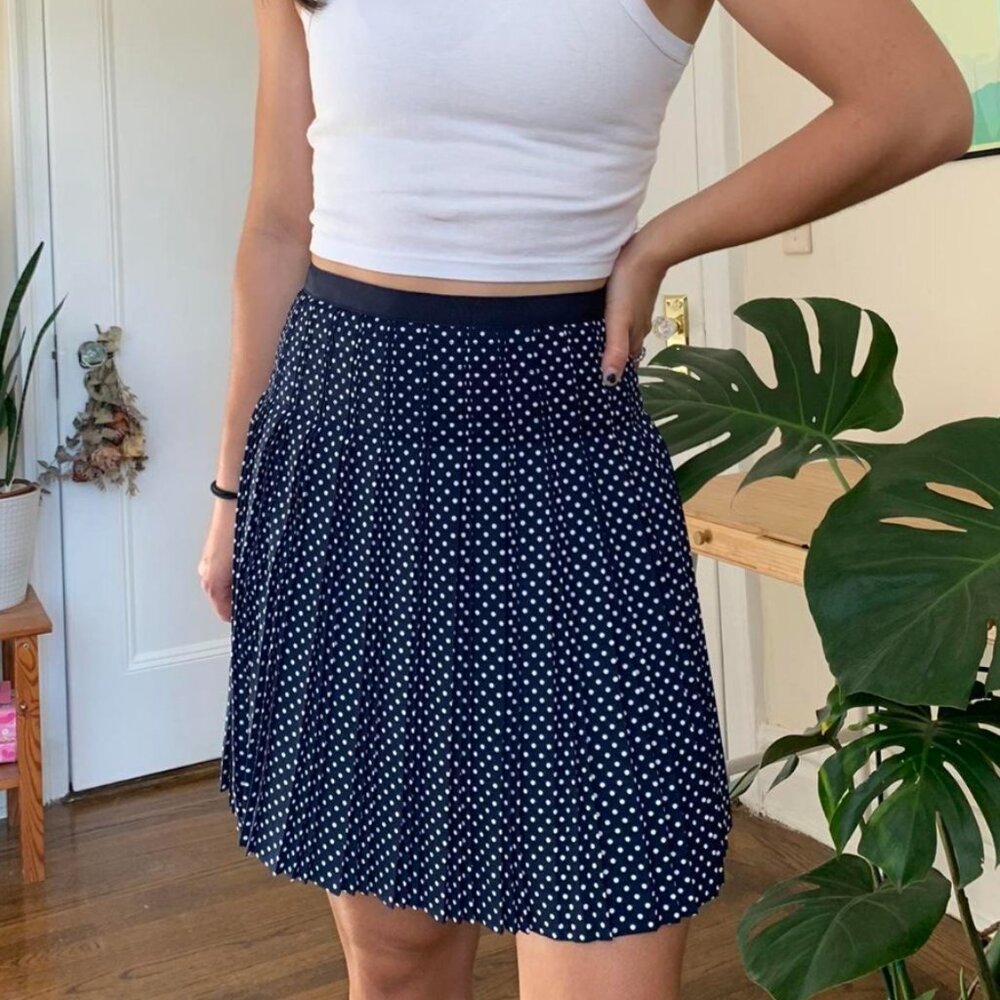 J Crew Women's Blue and White, Polka Dot, Pleated Skirt, Size 0P